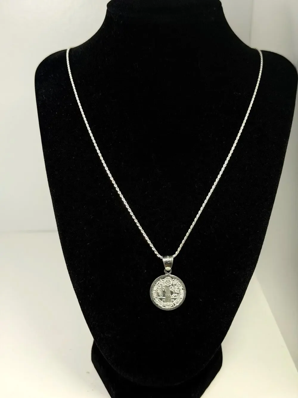 Sterling Silver Saint Benedict Medal Pendant Necklace 24 Inch 1.9mm Rope Chain